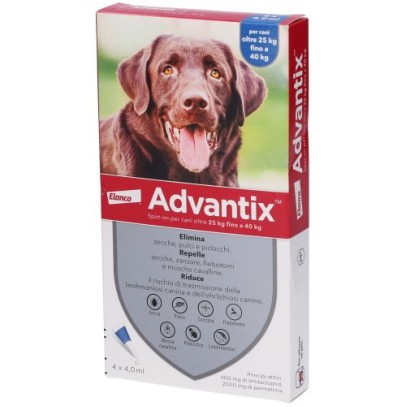 ADVANTIX SPOT ON*soluz 4 pipette 4 ml 400 mg + 2.000 mg canida 25 a 40 Kg ADVANTIX SPOT ON*soluz 4 pipette 4 ml 400 mg + 2.000 mg canida 25 a 40 Kg