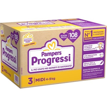 PANNOLINI QUADRIPACK PAMPERS PROGRESSI MIDI 108 PEZZI